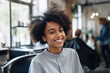 An attractive and lively young female teenager with a cool haircut smiles after getting a new look at a barbershop. Generative AI.