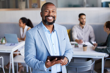 Poster - Businessman, office and portrait with tablet, employees and company staff. Corporate, finance manager and happy with feedback, professional and worker for management, career and smile with pride