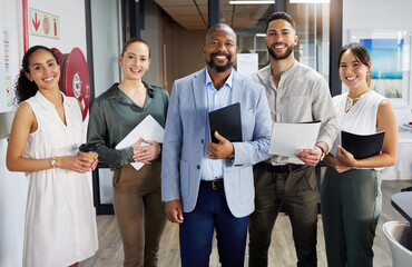 Poster - Portrait, diversity and collaboration with a business team in the office for management or leadership. Corporate, smile or happy with an employee group of men and women in the workplace together