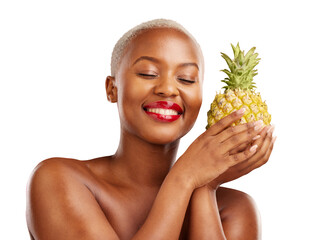 Canvas Print - Pineapple, beauty and face of a happy black woman, healthy food and smile isolated on transparent background. African person, girl and model with fruit, natural cosmetics and makeup with glow and png