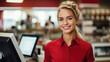 Smiling young woman cashier in red uniform in a supermarket. Job invitation banner, vacant place of sales floor worker or seller in grocery store. 