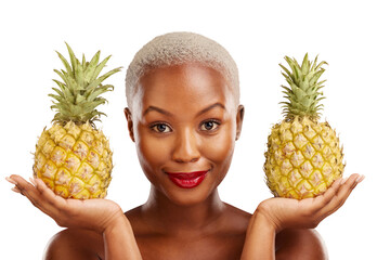 Poster - Black woman, pineapple or portrait for skincare, beauty or diet for wellness, health or fruits. Face, cosmetics or African person with makeup or food choice isolated on transparent png background