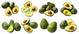 Green avocado avocados, many angles and view side top front sliced halved bunch cut isolated on transparent background cutout, PNG file. Mockup template for artwork graphic design