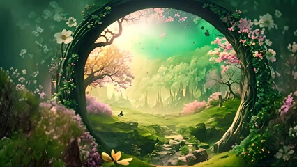 Wall Mural - Beautiful enchanted landscape. Fantasy garden background. Magic meadow with spring blooming trees. Round frame with copy space in the middle. Fairy tale with flowers. AI generative.