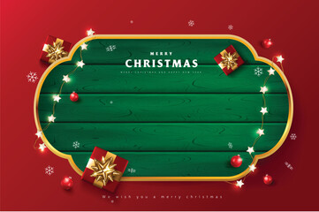 Wall Mural - merry christmas sign banner green wood frame with empty space and festive decoration on red backgrou