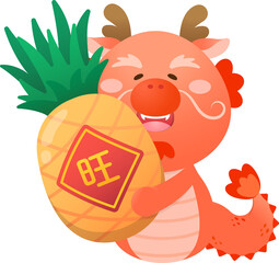 Wall Mural - Playful and cute dragon character or mascot with pineapple, Chinese mythological animal, vector cartoon character for Chinese New Year