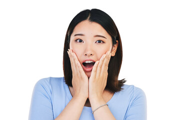 Wall Mural - Asian woman, portrait and wow with surprise from announcement or news isolated on png transparent background. Shocked, face and person with discount, sale and facial expression, hands or reaction