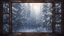 Silhouette Of A Wooden Window Overlooking The Winter Forest. Beautiful Winter Landscape With Falling Snow. Seamless Looping Time-lapse Video Background Animation. Generated With AI