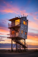 Wall Mural - A lifeguard tower on a beach at sunset. Generative AI.