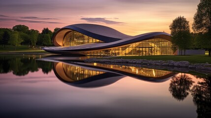 Poster - A building with a curved roof next to a body of water. Generative AI.