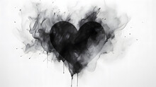 Black Watercolor Ink Broken Heart. Smoke Flow Blot On White Background Texture Marble. Generative Ai.