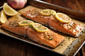 Poster - apple cider bbq salmon halves shown with tail