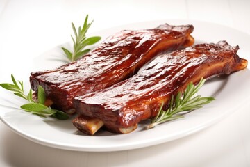 Wall Mural - close-up of glazed applewood smoked ribs on a white dish