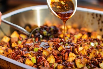 Poster - adding a touch of bbq sauce to potato salad using a spoon