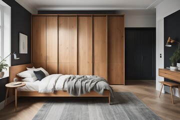 Wall Mural - Wooden wardrobe with black marble doors in scandinavian style interior design of modern bedroom