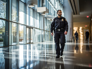 photography, a security guard patrolling a corporate building, vigilant, office building interior