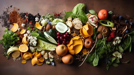 Wall Mural - A pile of kitchen scraps including fruit peels, vegetable trimmings, and other food leftovers on a wooden surface, ready for composting to promote sustainability and reduce waste.