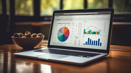 Wall Mural - Data driven business analysis laptop dashboard on the wooden table indoors