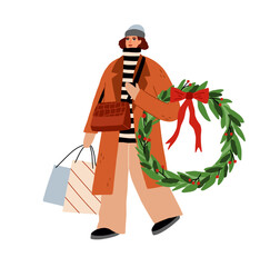 Woman after winter holiday shopping. Happy person carrying bags, walking with Christmas wreath, festive purchases, preparing at Xmas eve. Flat graphic vector illustration isolated on white background