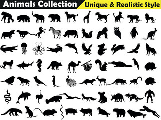 Wall Mural - Animal Silhouette or Logo Collection isolated on white background. Lion, Elephant, Tiger, Giraffe, Cheetah, Bear, Gorilla, Zebra, Kangaroo, Penguin, Wolf. Fully customizable vector illustrations