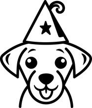 Cute Dog With Party Hat Silhouette In Black Color. Vector Template For Tattoo Or Laser Cutting.