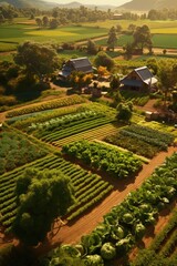 Wall Mural - An aerial view of a farm with rows of crops. Generative AI.