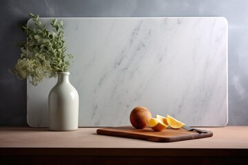 Canvas Print - A cutting board with an orange on it next to a vase. Generative AI.