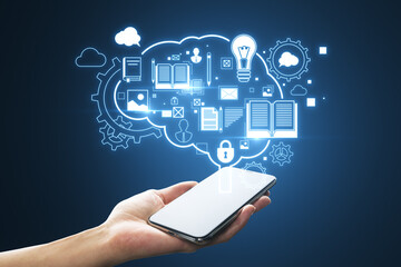 Poster - Close up of female hand holding cellphone with glowing brain outline and books hologram on blue background. Artificial intelligence, chat GPT, bot assistant and machine learning concept.