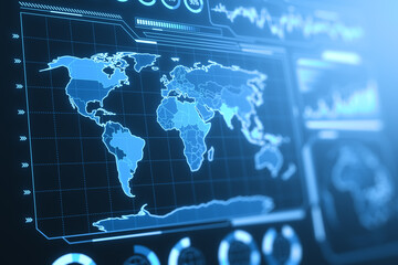 Aufkleber - Glowing digital business charts and map interface on blurry blue backdrop. Military control, warfare and spy concept. 3D Rendering.