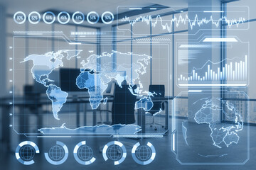 Aufkleber - Modern office interior with glowing digital business charts and map interface on blurry background. Military control, warfare and spy concept. Double exposure.