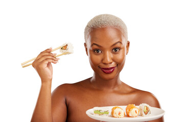 Poster - Portrait, smile and woman with chopsticks for sushi, healthy eating and beauty with nutrition food. Black person, face or makeup with glow for seafood lunch or isolated on transparent png background