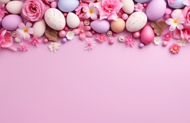 Wall Mural - Colorful Easter chocolate eggs, bunnies and spring flowers border flat lay on pink background. Happy Easter! Stylish easter layout, greeting card or banner template.