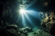 Dramatic underwater cave sunlight shining rocks. Nature summer sea water silence. Generate Ai