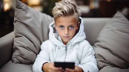 Canvas Print - A young boy sitting on a couch holding a cell phone