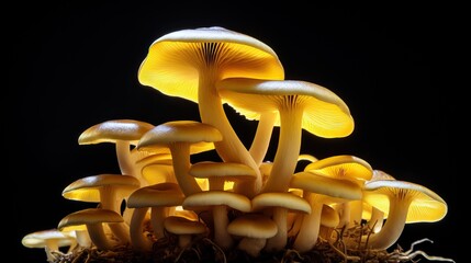 Wall Mural - Glowing yellow mushroom in the black background