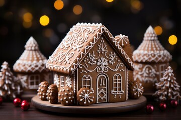 Gingerbread house assembly step-by-step baking ingredients included background with empty space for text 