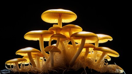 Glowing yellow mushroom in the black background