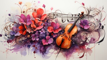 Wall Mural - Illustration of music symbols, instruments and notes in colorful watercolors