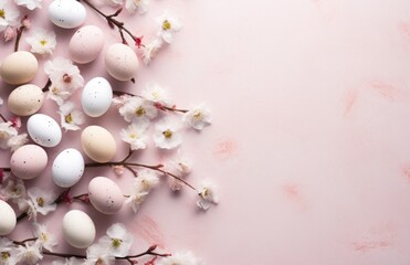Wall Mural - Colorful pink and white easter eggs with whites birds and leaves background with copy space, cherry blossoms, light pink and light brown, textured canvas, greeting card or banner template