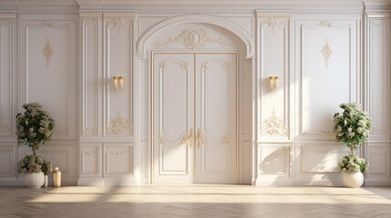 interior door in a classic luxurious style with monograms and white gold moldings with a light cloth,