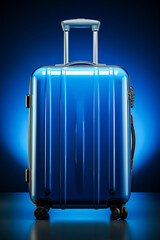 Poster - Blue suitcase with handle on dark blue background.