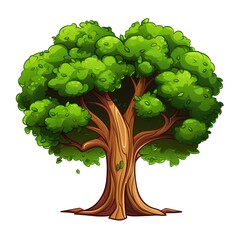 Wall Mural - Cartoon tree with green leaves and brown trunk on white background.