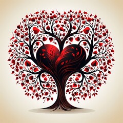 Wall Mural - Heart - shaped tree with red leaves and hearts on it.