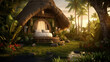 Luxury beach resort, bungalow at evening on tropical island, summer vacation concept.