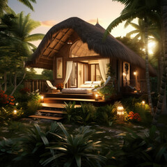 Wall Mural - Luxury beach resort, bungalow at evening on tropical island, summer vacation concept.