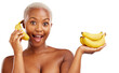 © Harsh/peopleimages.com - Black woman, bananas or portrait for skincare, beauty or diet for wellness, health or fruits. Phone call, surprise or African person with vitamins or potassium isolated on transparent png background