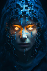 Poster - Woman with glowing eyes and cross on her face.