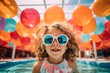 Cute girl in sunglasses enjoy the swimming pool entertaining time 