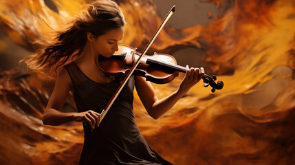 Violinist woman player playing violon on dramatic background