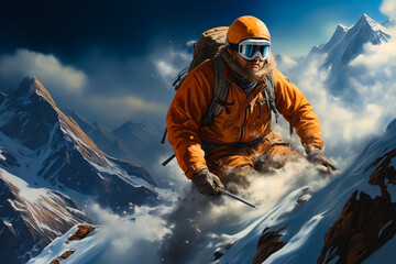 Poster - Man in orange jacket skiing down mountain.